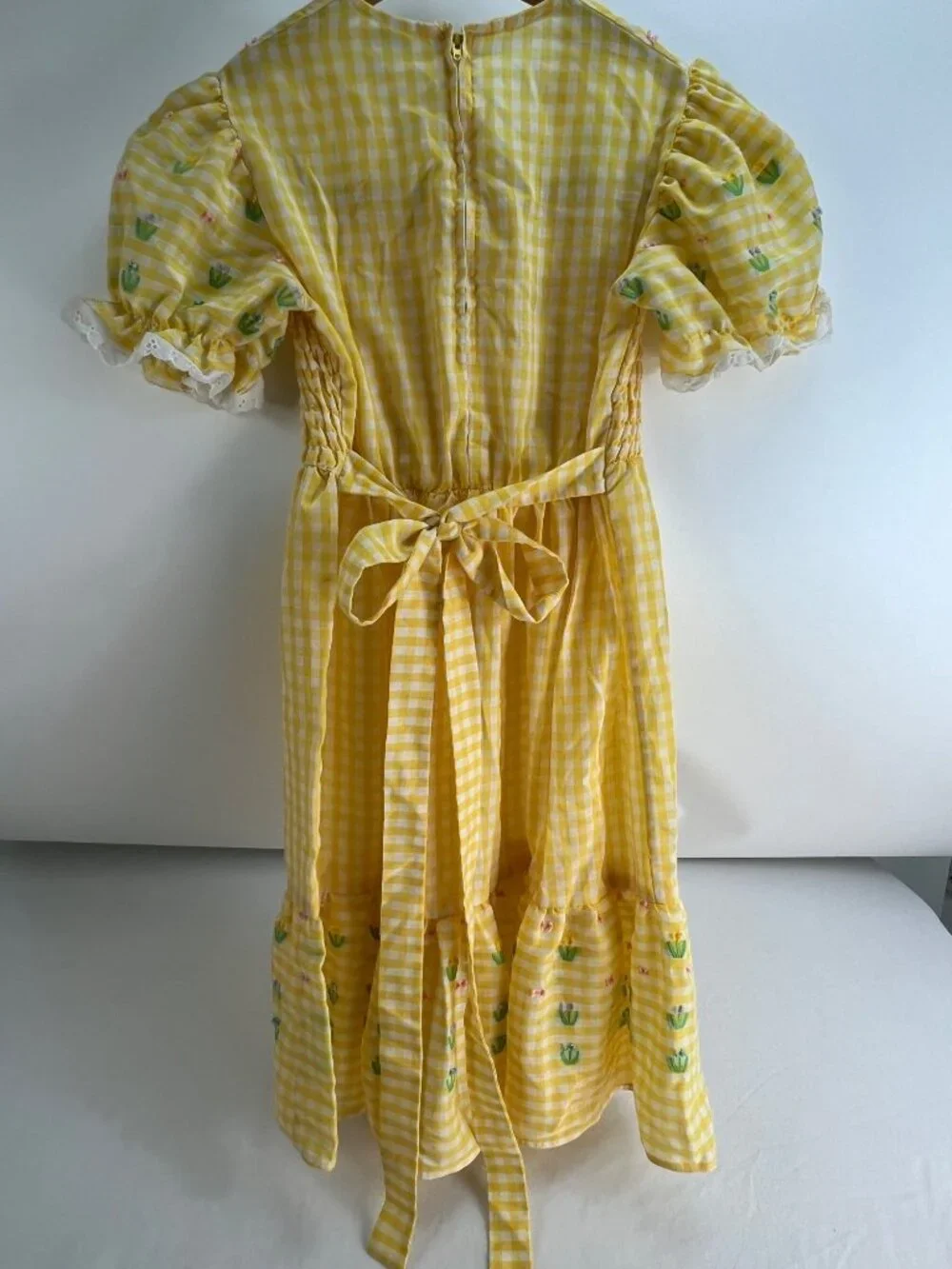 VTG Sears Growing Girl Yellow Gigham Prarie Dress sz 10 Smocked Checked